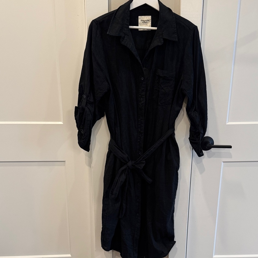 Black Button-Up Shirt Dress (Linen & Cotton)